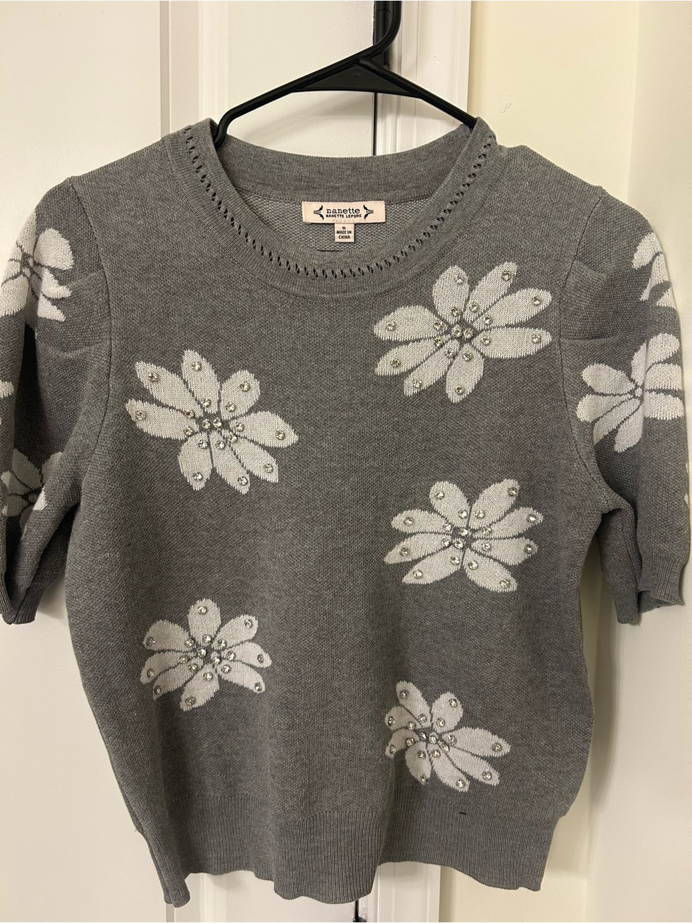 Nanette Lepore Gray Floral Embellished Short-Sleeve Sweater S